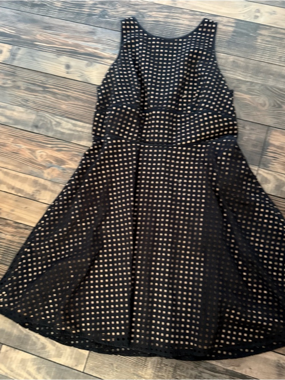 LOFT Black Dress with Nude Underlay Midi Fit-and-Flare